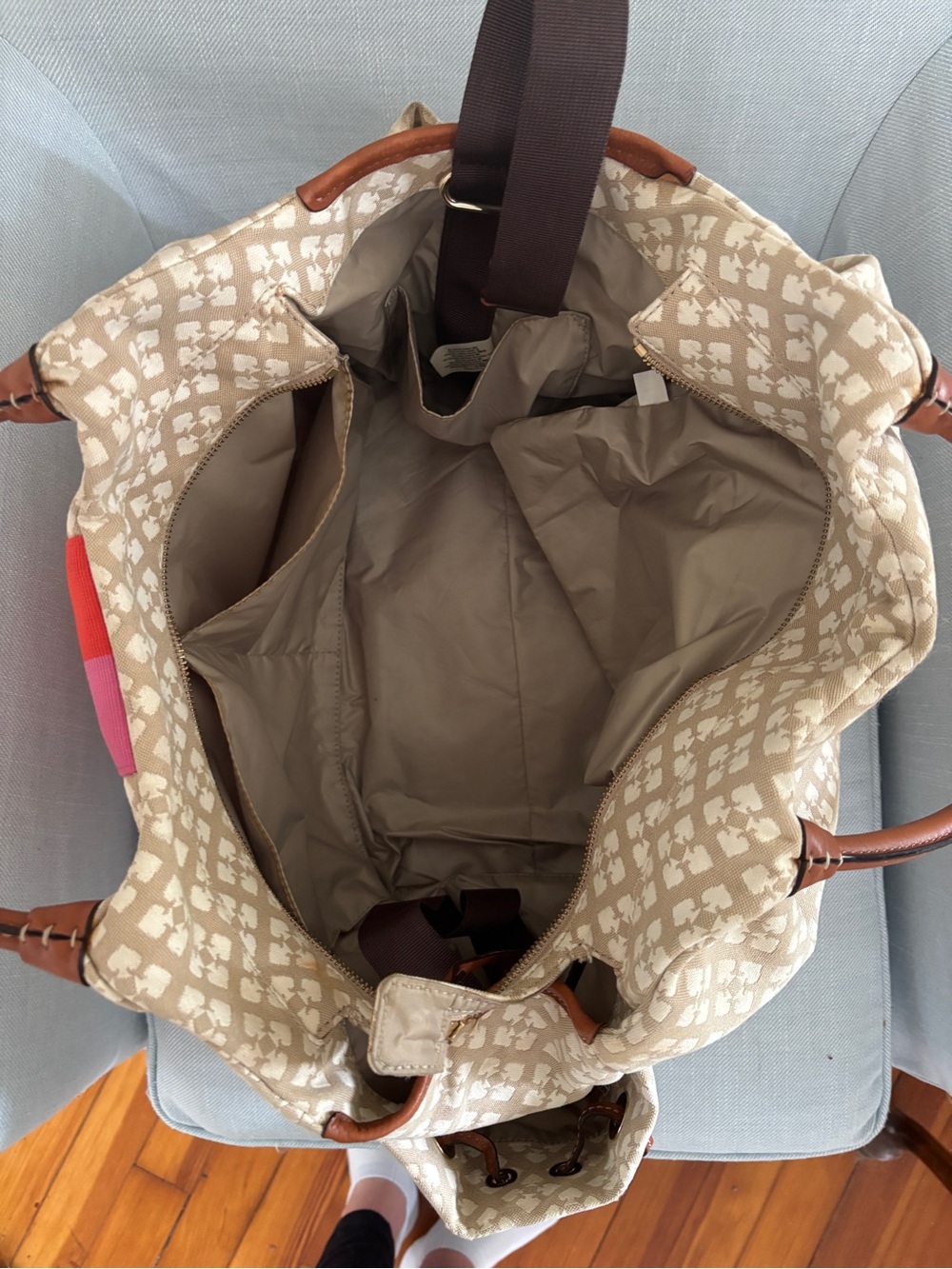 kate spade Beige Monogram Travel Tote with Red and Pink Center Stripe - Picture 5 of 10